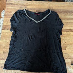 Women's Black Ribbed Short Sleeves Rhinestone V Neck Size XXL Jennifer Lopez